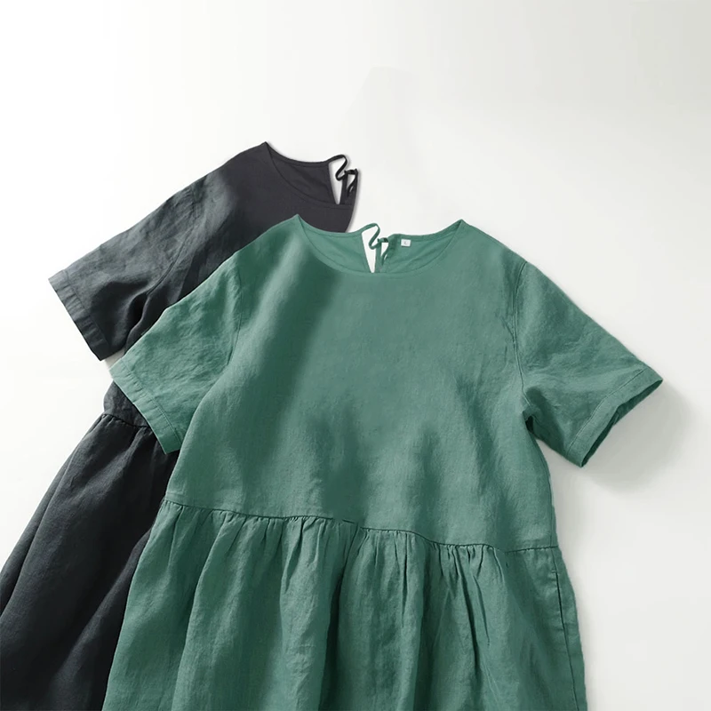시크한 코튼 리넨 원피스 여성용 반팔 단색 원피스 O넥 빈티지 캐주얼 선드레스, 휴일 여행 의상, 2024 여름
