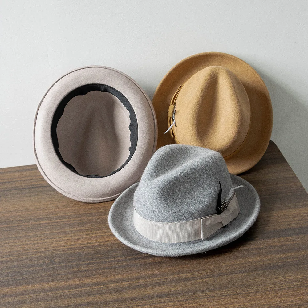 Classic Woolen Trilby Fedora Hat with Feather Ribbon Band Men Women British Jazz Trilby Panama Cap Winter Church Party Sombrero