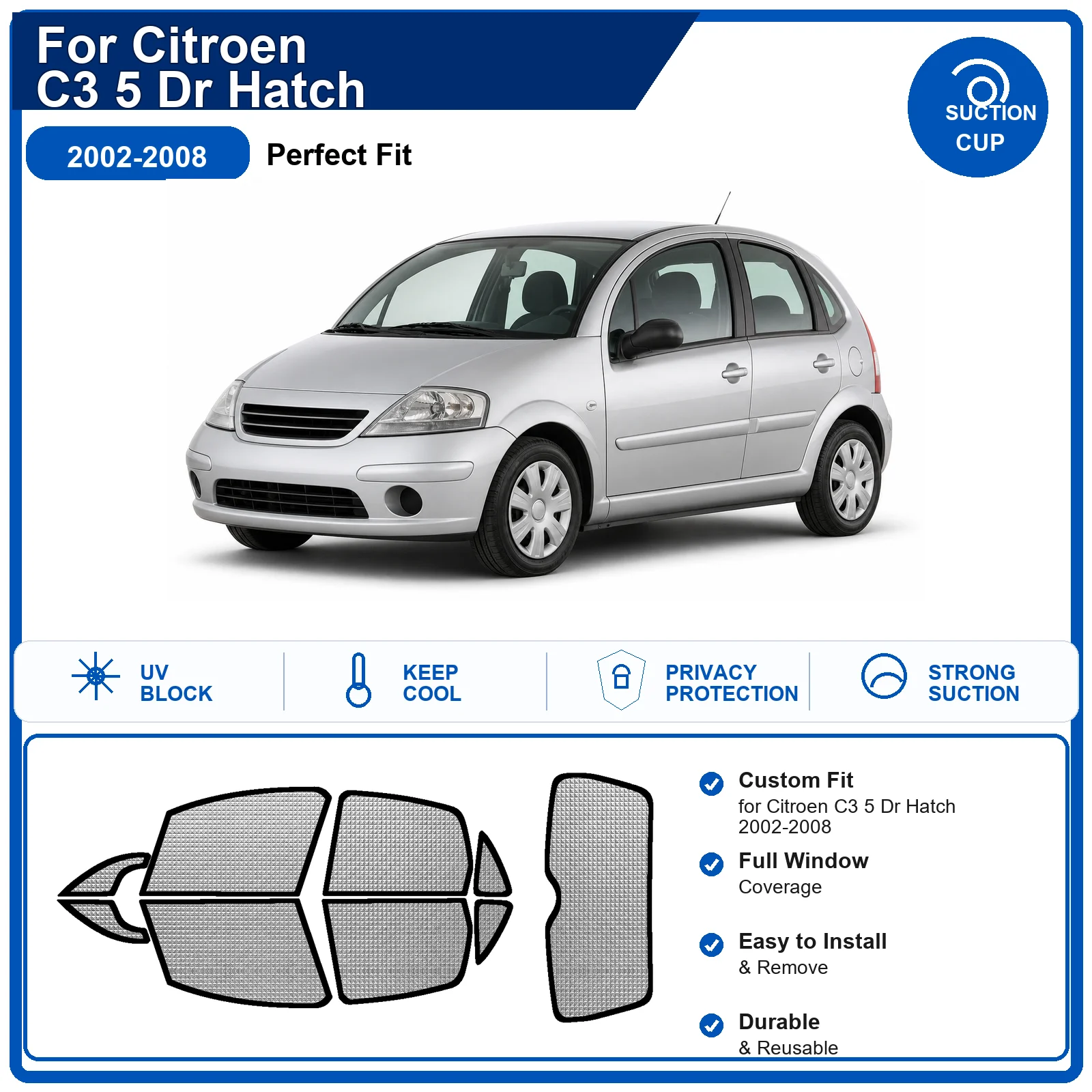 Для Citroen C3 5-дверный хэтчбек 2002-2008: Полный комплект солнцезащитных шторок на лобовое стекло из алюминиевой фольги, теплоизоляционные, с защитой от УФ-лучей, складные