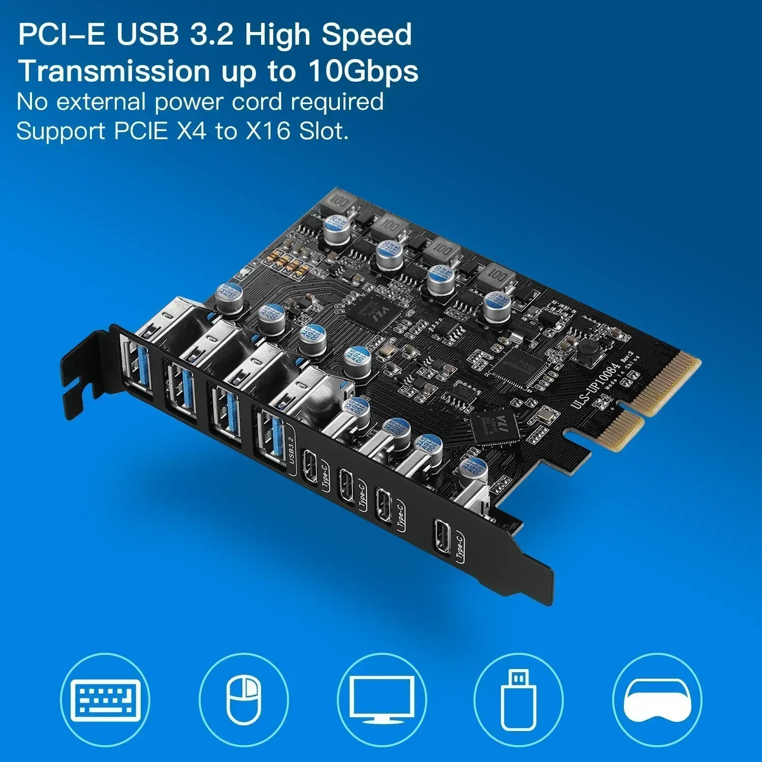 High-speed 20Gbps PCIE X4 to USB 3.2 Expansion Card for Desktop - 4 Type-A and 4 Type-C USB Ports