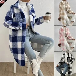 Europa, America, autunno e inverno giacca scozzese in peluche con risvolto aperto, temperamento sciolto, cappotto lungo da donna