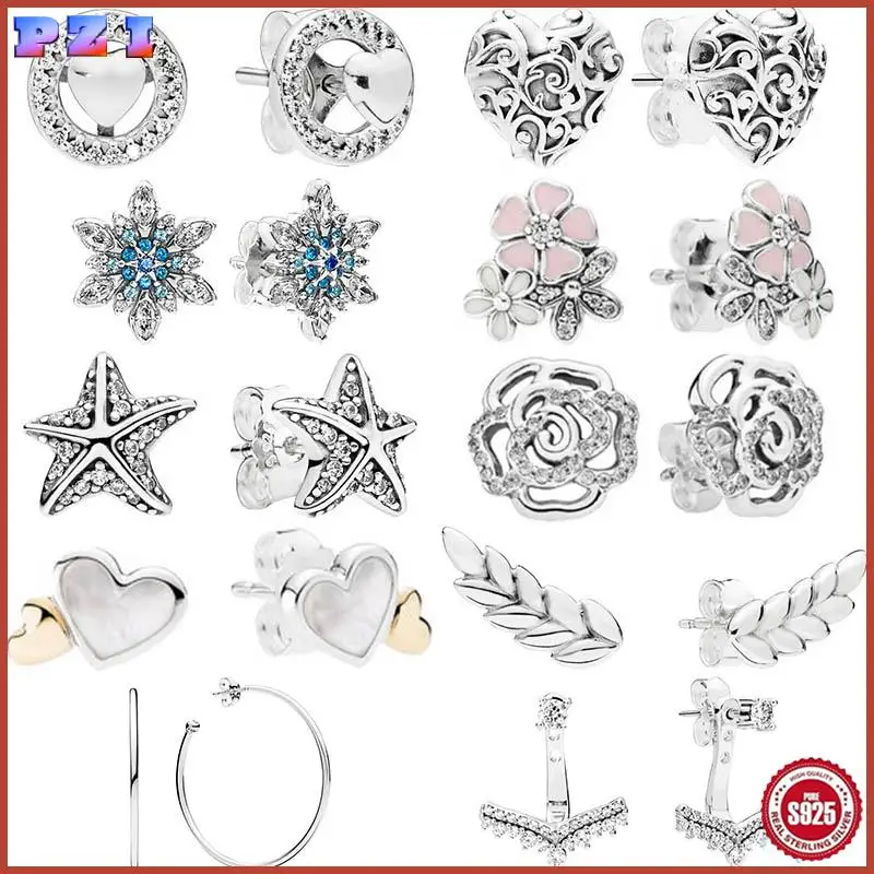 

925 Sterling Silver Stud Earring Starfish Flower Family Heart Snowflake Hoop Earring For Women Making Wedding Party Jewelry Gift