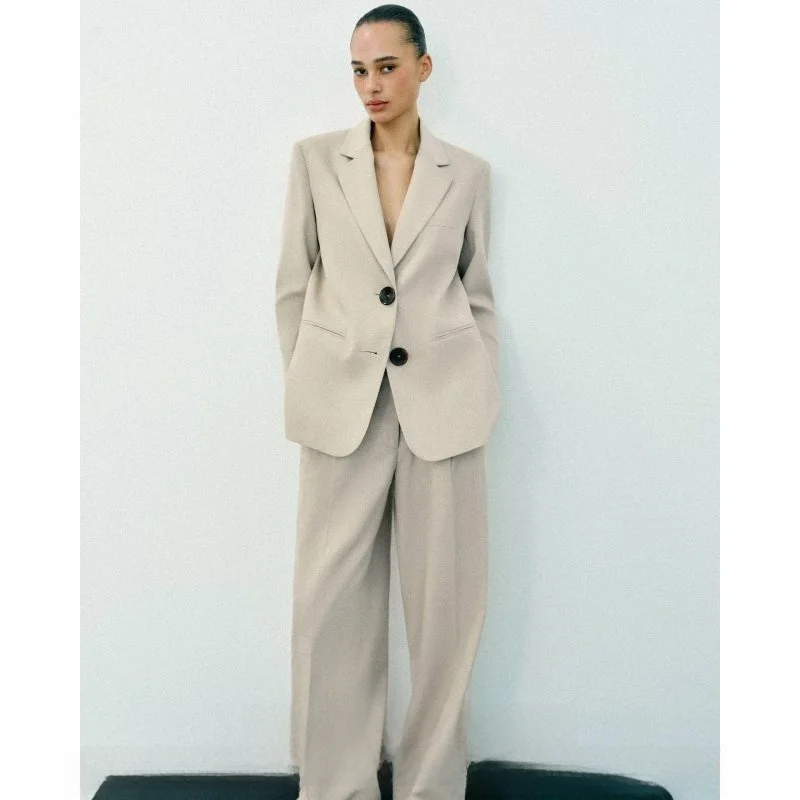 Fashionable Double-Buckled Shoulder-Padded Straight-Leg Suit Jacket with Pleats New Summer 2026 Women's Commute Style Cotton ...