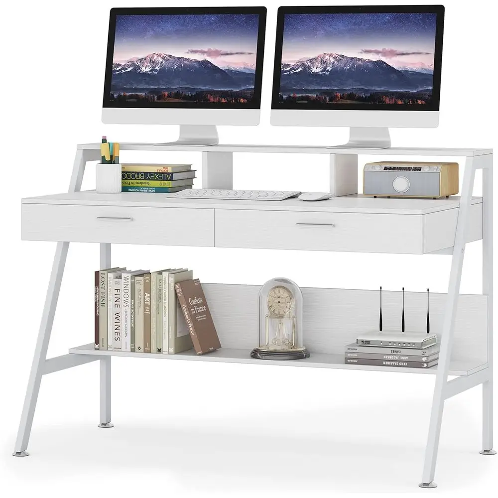 47 White Office Writing Desk with Storage Shelves and Monitor Stand for Home or Study Use