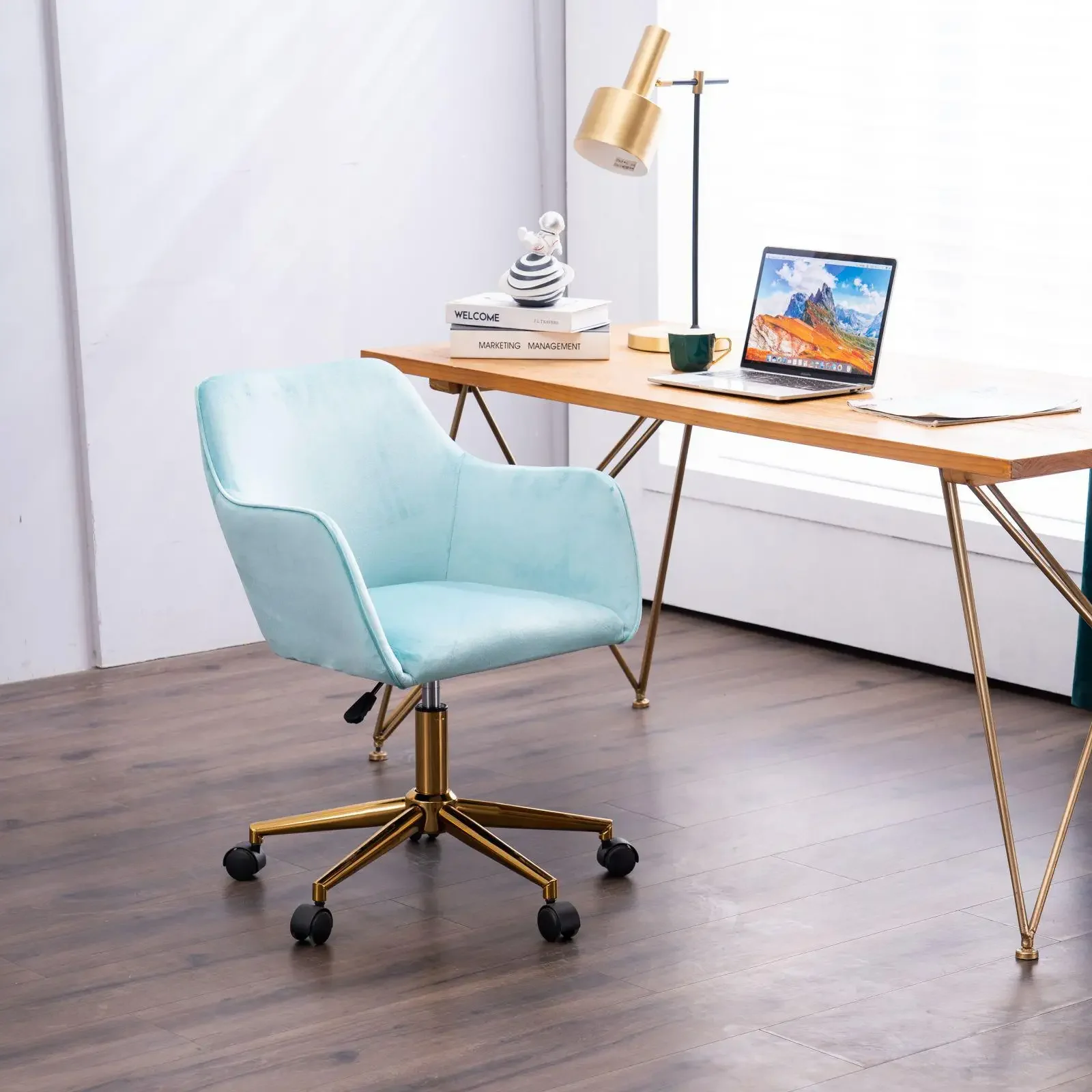 

Modern Velvet Fabric Material Adjustable Height 360 revolving Home Office Chair with Gold Metal Legs and Universal Wheels ,blue