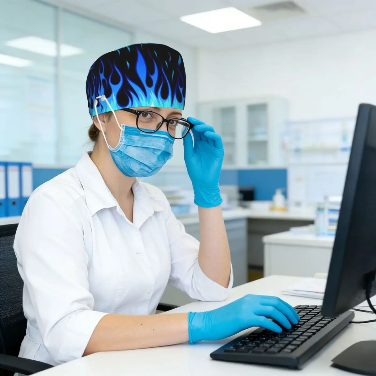 Big Fire Flames Burning Flame Scrub Hat Doctor Working Surgical Cap Men Women Adjustable Nursing Caps for Dentist