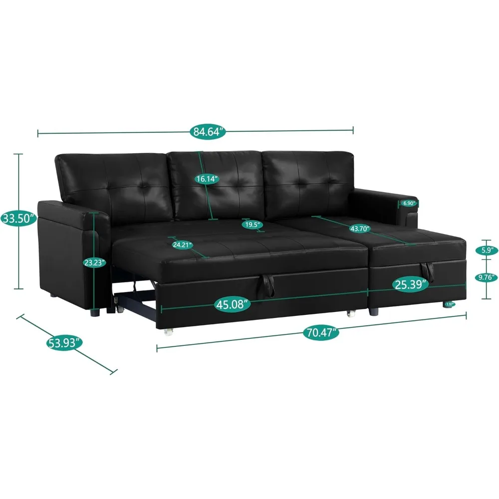 Jenny Sectional Sofa Sleeper with Storage Chaise, Tufted Pull Out Couch with Storage,  L-Shaped Sleeper Sectional Sofa Bed