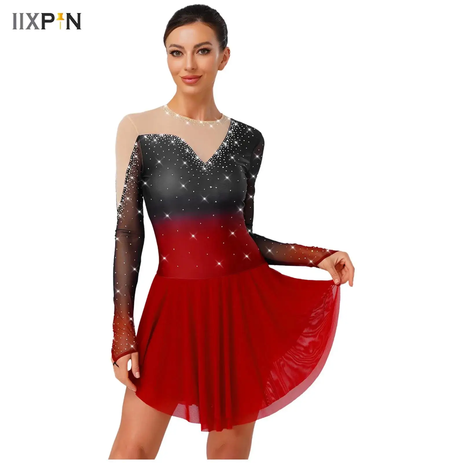 

Womens Glittery Figure Skating Dress Irregular Mesh Patchwork Built-in Briefs Gradient Dress Gymnastics Active Ballet Costume