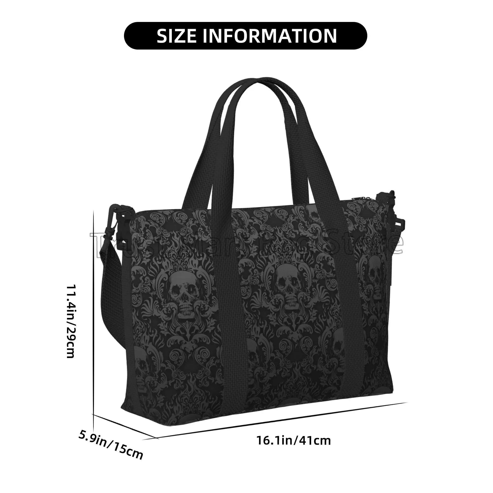 Tas Travel Tangan Gambar Damask Tengkorak Hitam Gotik Tas Akhir Pekan Serbaguna Tas Koper Yoga Olahraga Tahan Air Kasual Uniseks