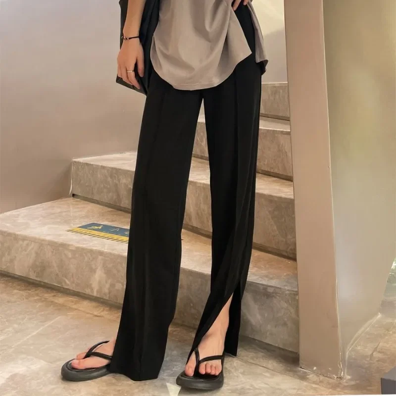 

Women Pants Korean Style Split Wide Leg Summer Cropped Straight Drop Ice Silk Casual Fashion Vintage Y2k Trousers