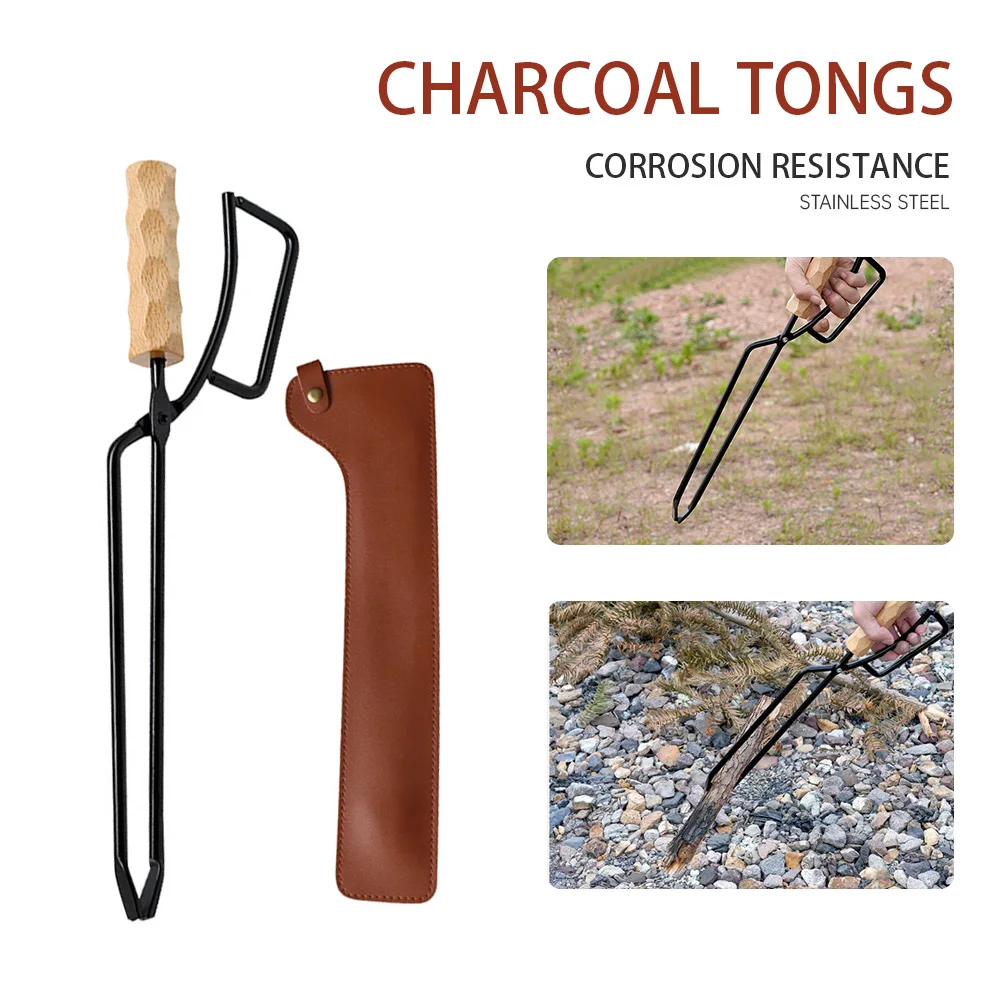 Fire Tongs Stainless Steel Charcoal Tongs Portable Storage bag Leather Cover Anti-Scalding Charcoal Clip Fireplace BBQ Tools