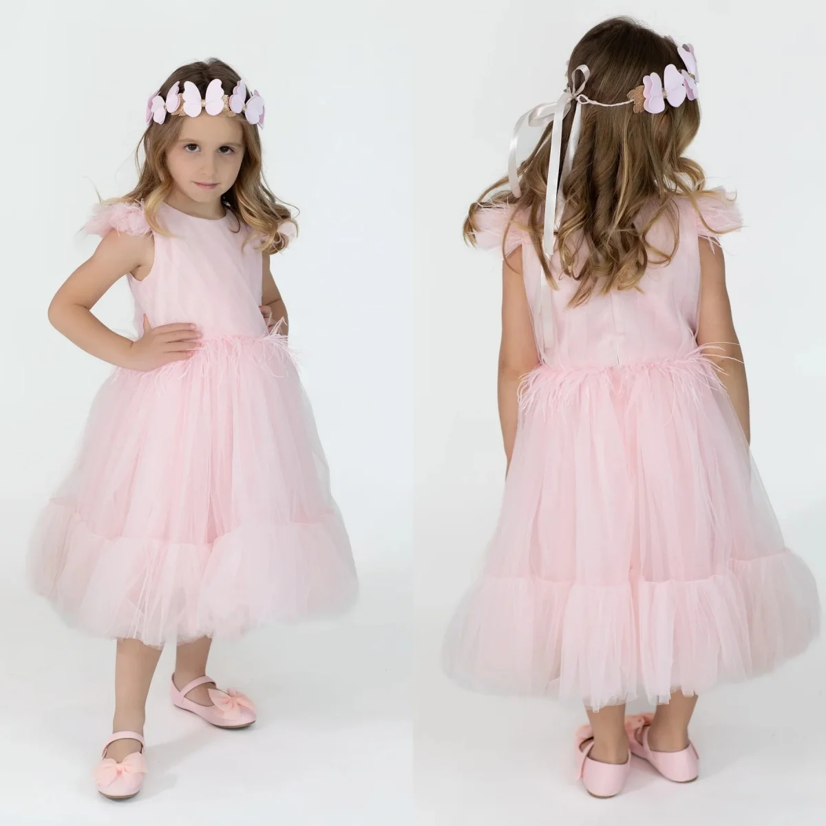 

Vintage Pink A Line Flower Girl Dresses Luxury Feathers Kids Birthday Gowns Tiered Ruffles Little Girls Wedding Guest Dresses