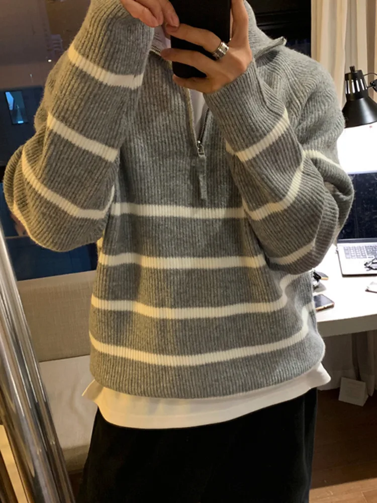 Korean Style Men's Sweaters Casual Half Zipper Turn Down Collar Striped Loose Pullover Tops New Trendy Male Knits 2024