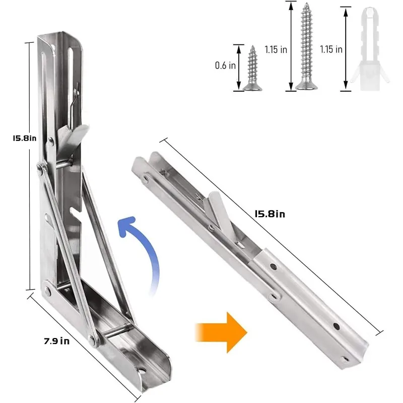 Folding Shelf Brackets Stainless Steel 16 inch 2 Pcs Max Load: 350 lb - Heavy Duty DIY Wall Mounted Collapsible Shelf Bracket