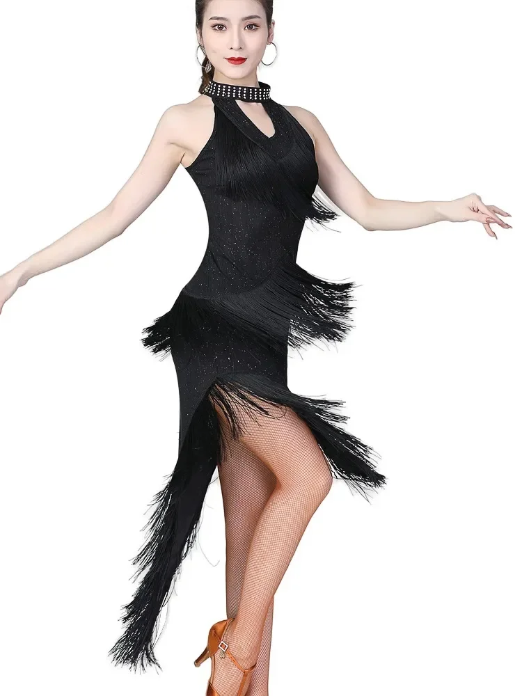 Sleeveless Latin Dance Practice Waltz Dress Adult Modern Belly Costume Sequins Competition Stage Jazz Tassel Sports Vestidos MS9