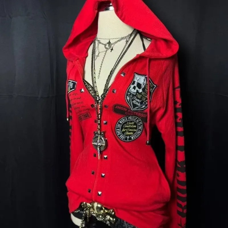 Punk Hottie Hoodie American Subculture Skull Print Coat Retro Harajuku Aesthetic Zipper Sweatshirt Women Slim Street Y2K Cloths