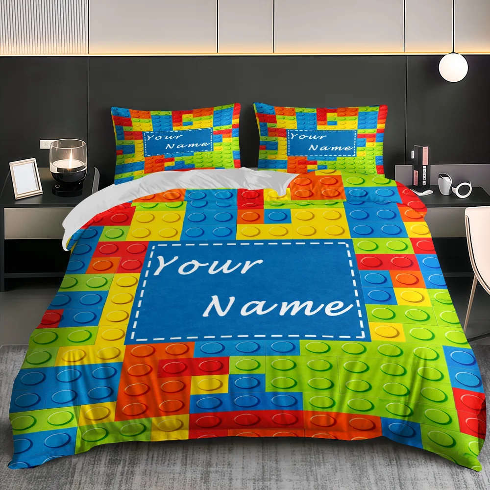 Customize Custom 3pcs Personalized Name Print Duvet Cover Set, Colorful Building Blocks Forming a Playful Pattern with a Blue Ce