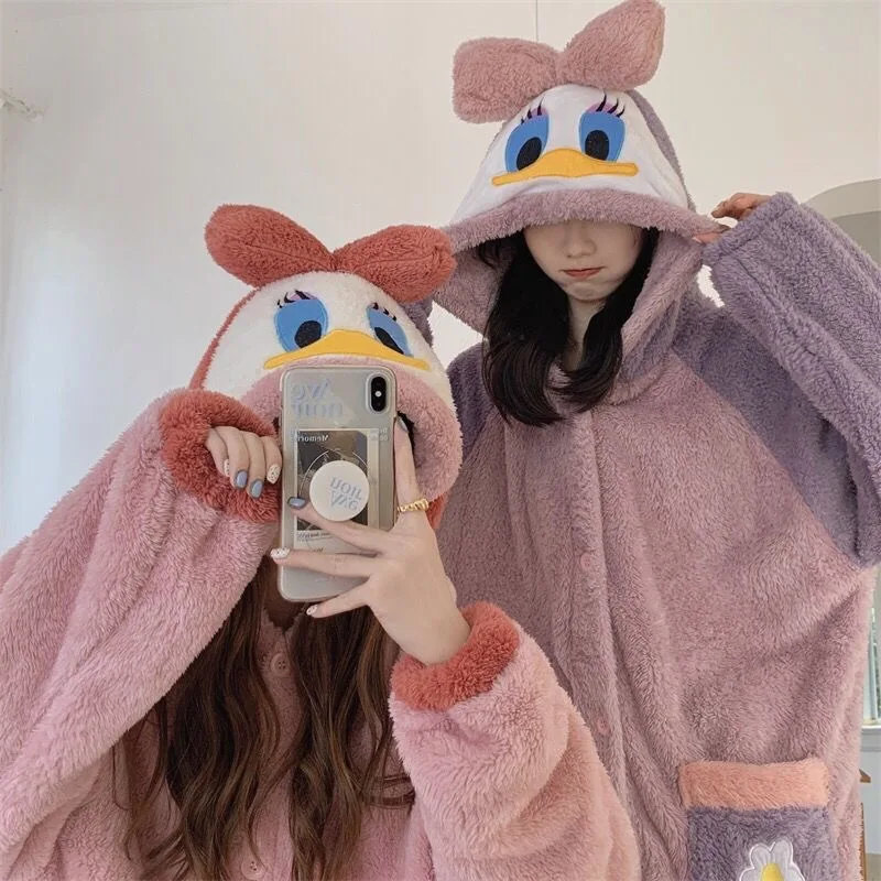 MINISO Cartoon Robes Animal Donald Duck Women Hooded Bathrobe Cosplay Costumes Winter Home Wear Lady Nightgown Pajama