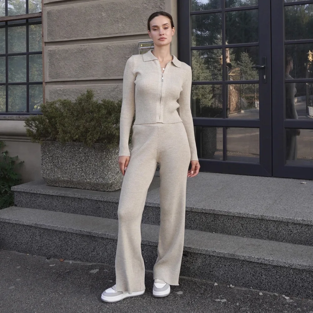 

Autumn and Winter Women Knitted Zipper Cardigan Wide Leg Pants Suit Elegant Simple Slim Fit Thick Warm Casual Jacket Sweater Set