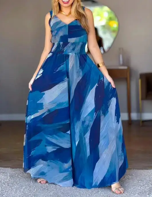 

Vintage Abstract Print V-Neck Elastic Thick Shoulder Strap High Waist Backless Casual Waist-Binding Wide Leg Jumpsuit
