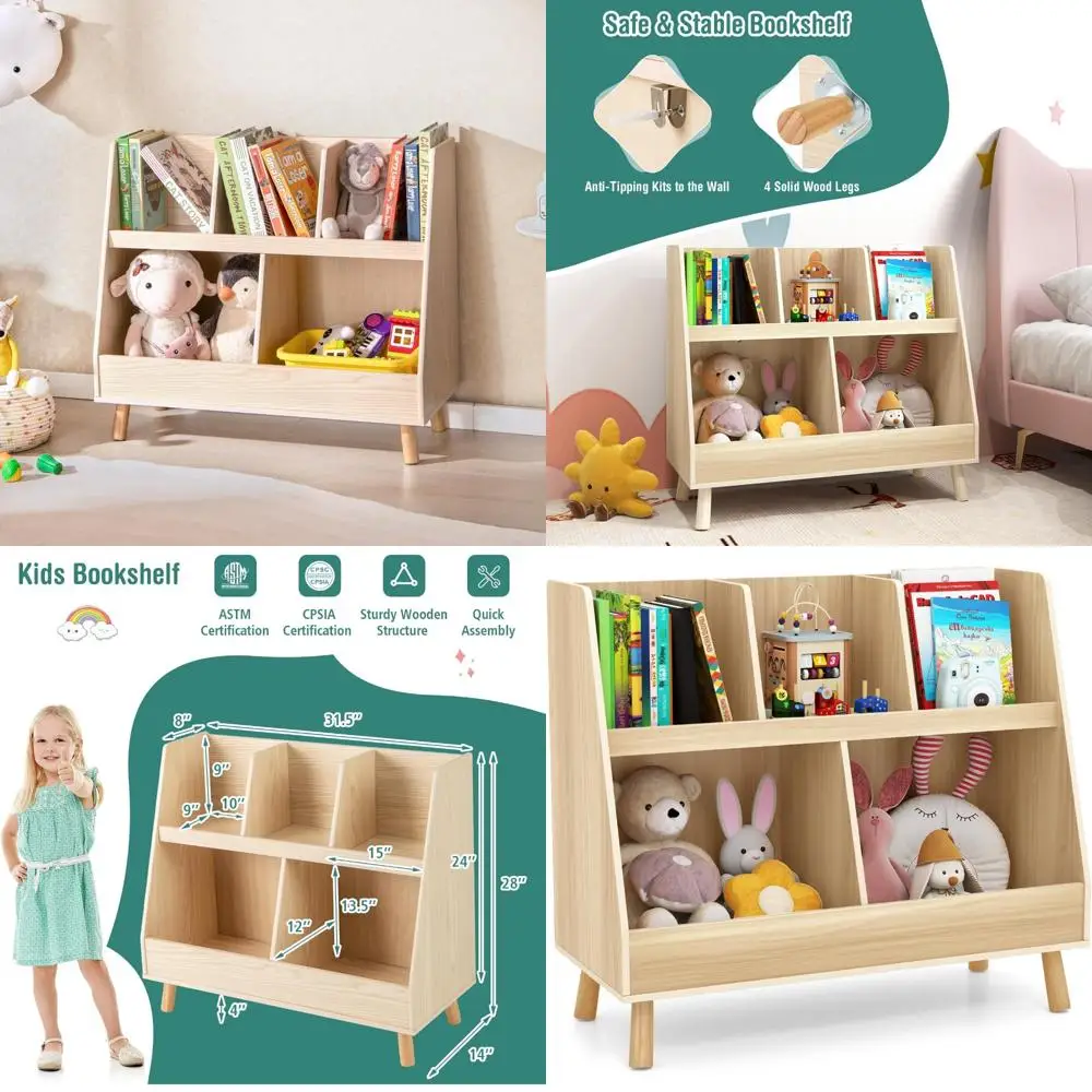 

Wooden 5-Cubby Kids Toy Organizer with Legs, 2-Tier Bookcase for Toddler Playroom Storage