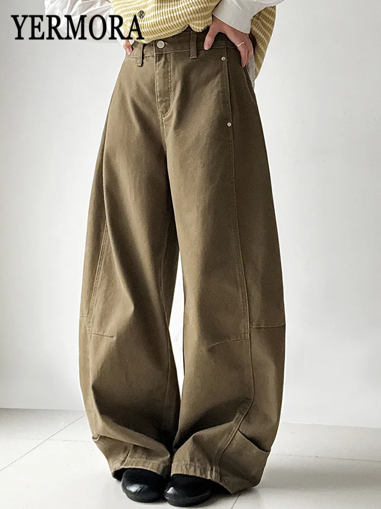 

YERMORA High Waist Khaki Pocket Denim Vintage Wide Leg Pants For Women Loose New Trousers Fashion Tide Spring Autumn 2026