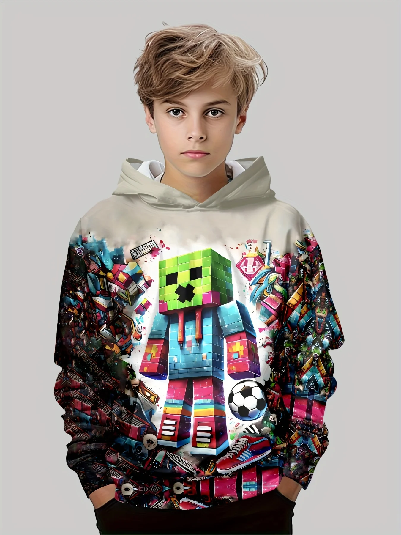 2025 New Fashionable Children's Casual Hoodie, 3D Printed Block Man Pattern Print, Daily Wear, Soft Texture, Comfortable Touch