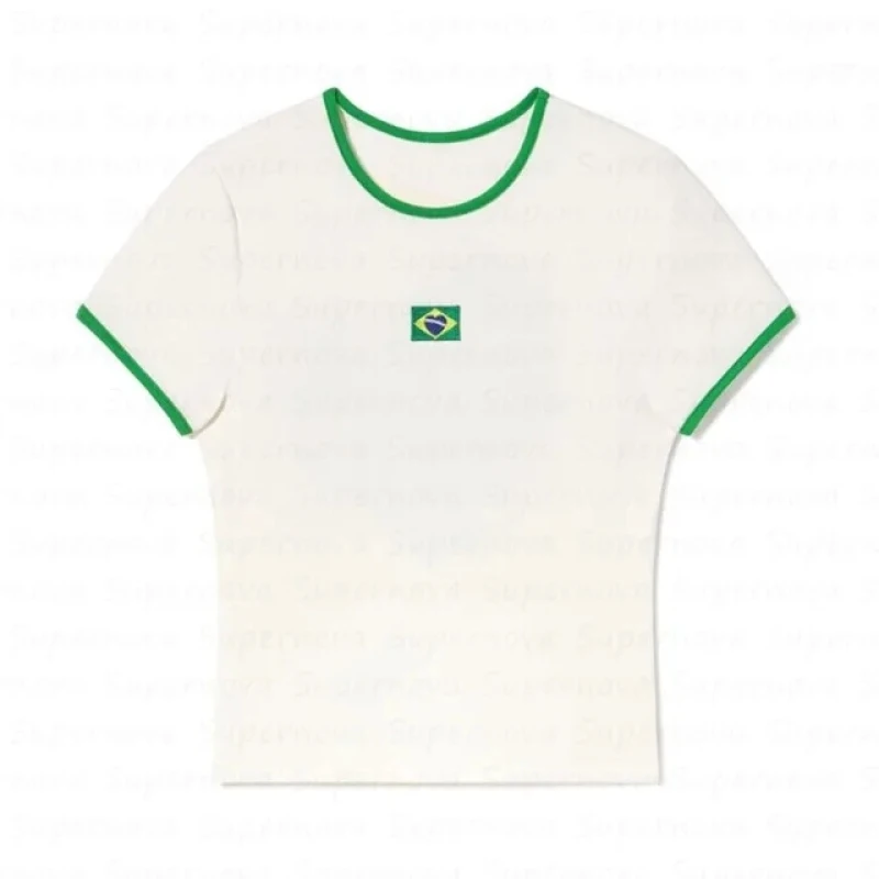 

2026 White Green Contrasting colors Print T-Shirt Brazil's aesthetics Low Waisted Flat Shorts Casual Suit Women Y2K