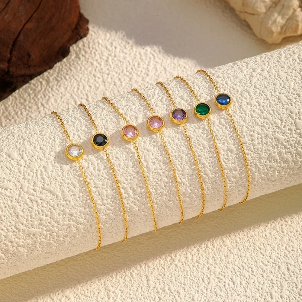 Stainless Steel Bracelets For Women Gold Color Round Green Purple Blue Pink Black Zircon Chains Bangle Wristband Jewelry Gifts