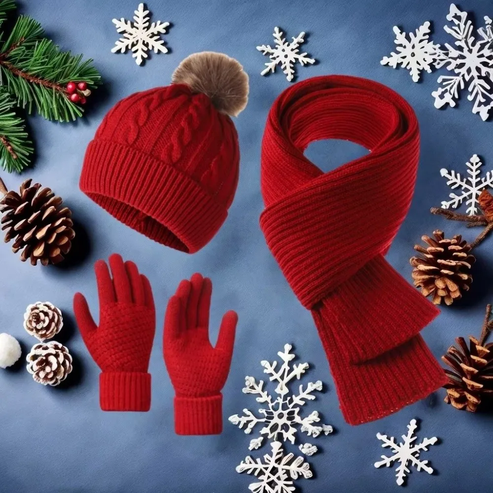 3Pcs/Set Warm Winter Hat Scarf Gloves Set Windproof Soft Knit Beanie Snood Set Thicken Elastic Scarf Neck Warmer Suit