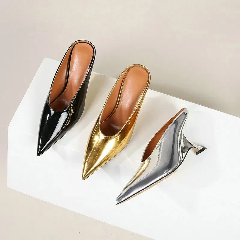 2024 European Style Bright Surface Patent Leather Mueller Shoes Women's Shoes New High-heeled Wedge Slippers Fashion