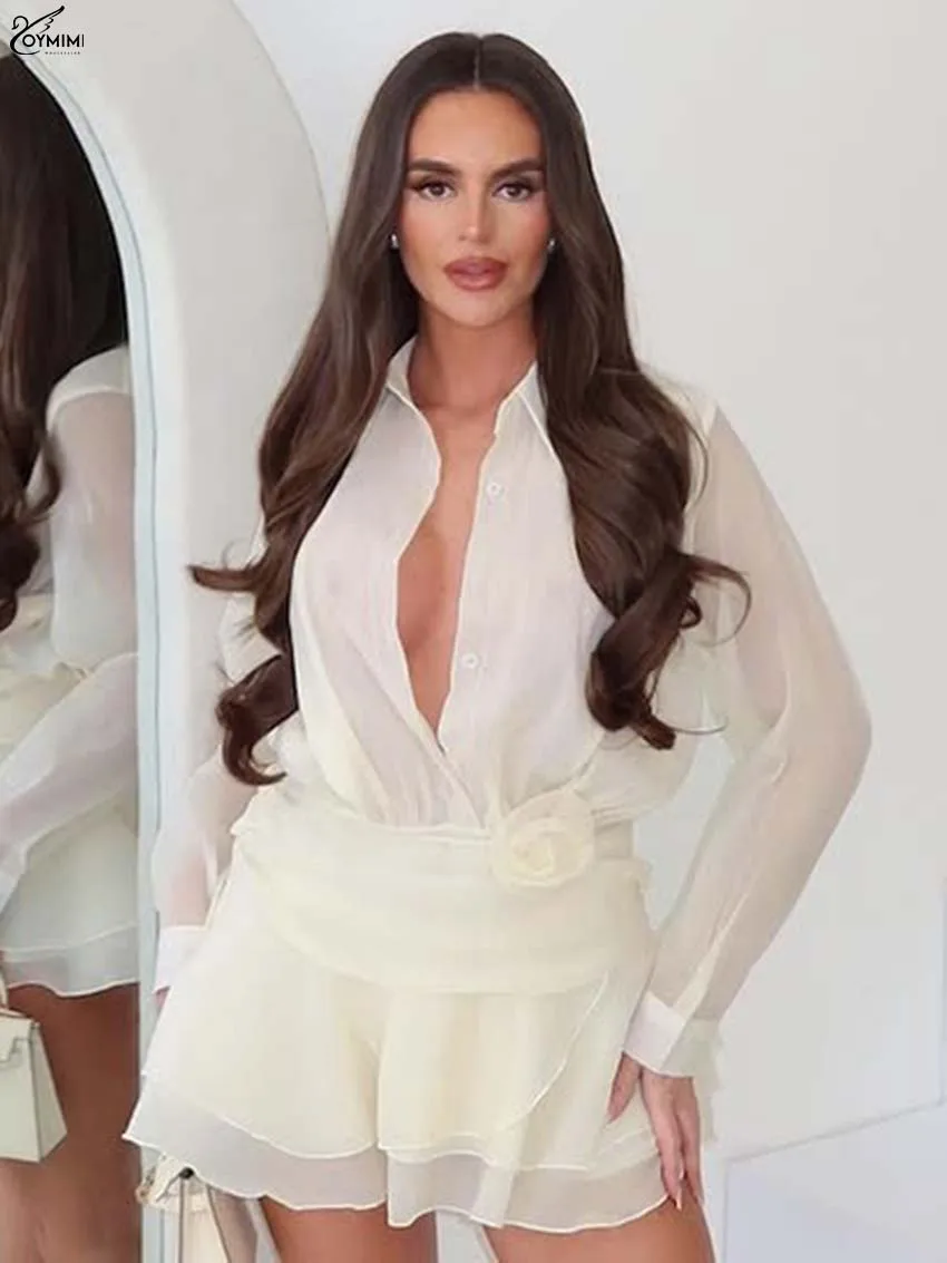 

Oymimi Casual Beige Lapel Women's Dress Fashion Translucent Long Sleeve Lace-Up Dresses Elegant New Button Pleated Mini Dresses