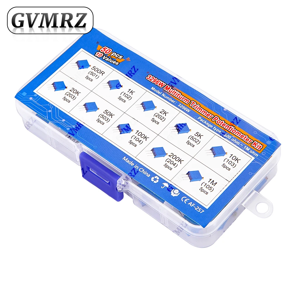 50PCS 3296W 10Values Multiturn Trimmer Potentiometer Kit (500Ω-1MΩ) in Box for Precision Circuit Tuning & Electronics DIY
