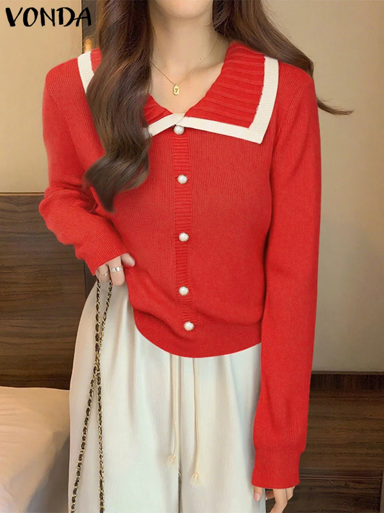 

Вязаный кардиган женский с воротником Питера Пэна осенние свитера 2025 VONDA модные джемперы с длинными рукавами повседневные свободные тонкие вязаные пальто
