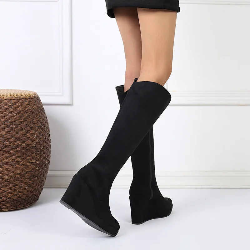 2024 Autumn Early Winter Shoes Women Knee High Boots Single Wedges Ladies Ankle Boots Plus Size 42 Black Wedge Heels 10cm D167