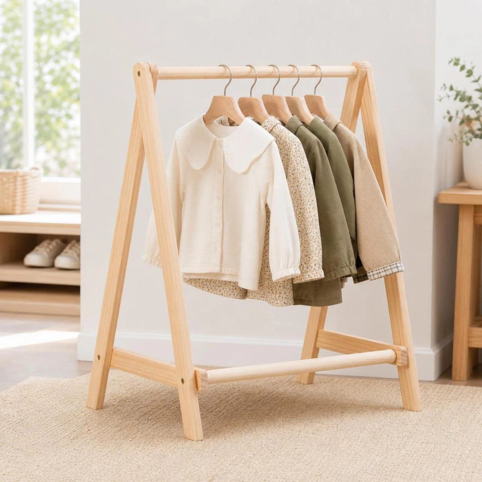 Folding Clothes Rack Freestanding Wooden Garment Rack Clothing Stand Space-Saving Furniture Minimalist for Children, Bedroom