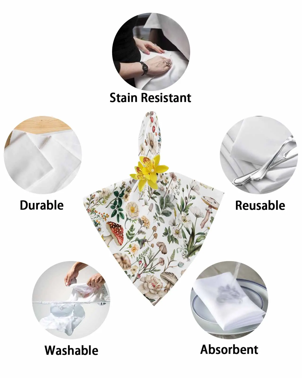 4pc Mushroom Plant Flower Watercolor Retro Table Napkins Set Dinner Handkerchief Towel Napkins Cloth for Wedding Party Banquet