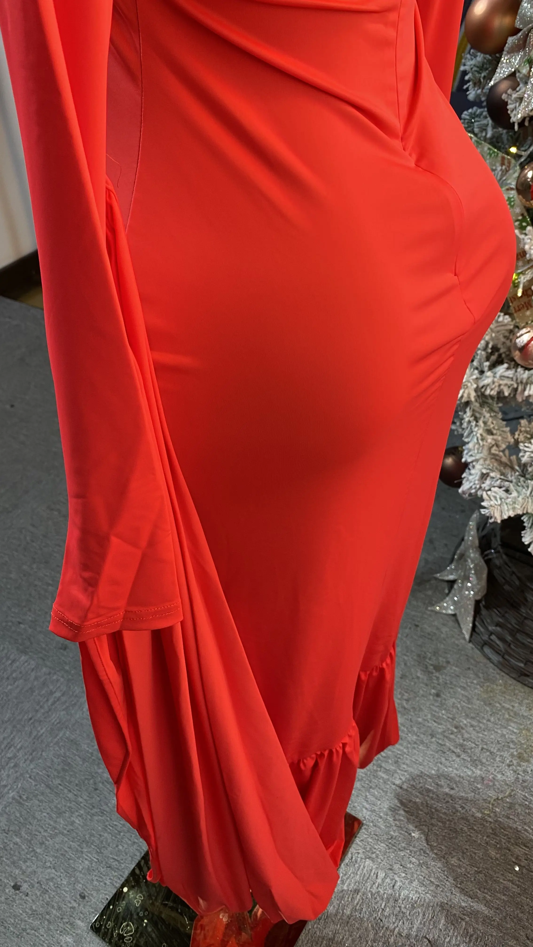 Fashionable French-style high-neck patchwork red maxi dress, chic evening wear, elegant long-sleeved dress-GZXX157