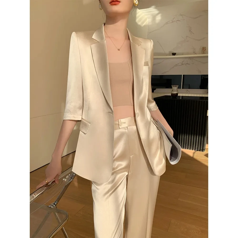 Summer Spring 2024 New One Button Half Sleeve Blazer Jacket Coat Casual Two-piece Elegant Women's Trousers Office Lady Suit