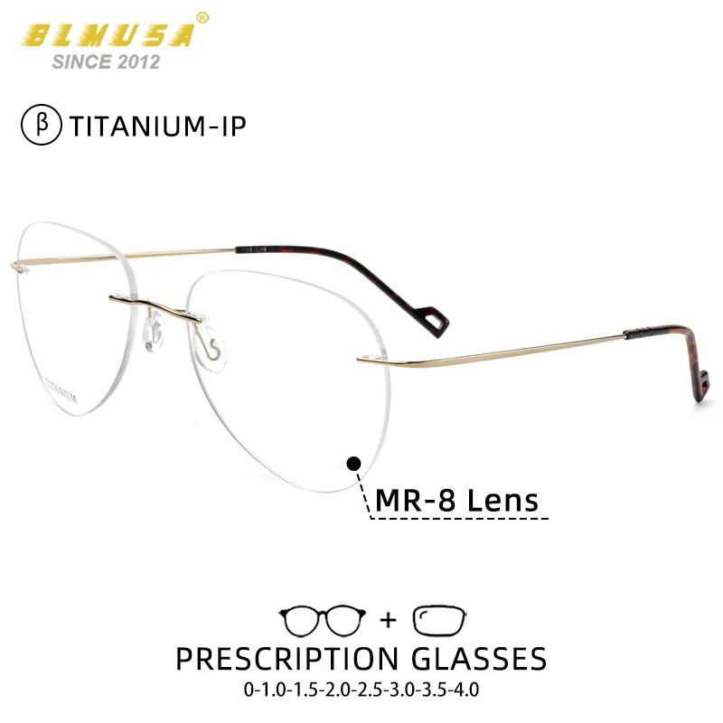 

BLMUSA Pure Titanium Myopia Rimless Glasses Frame for Men Toad Pilot Prescription with MR-8 lens Anti blue Light Reading Glasses