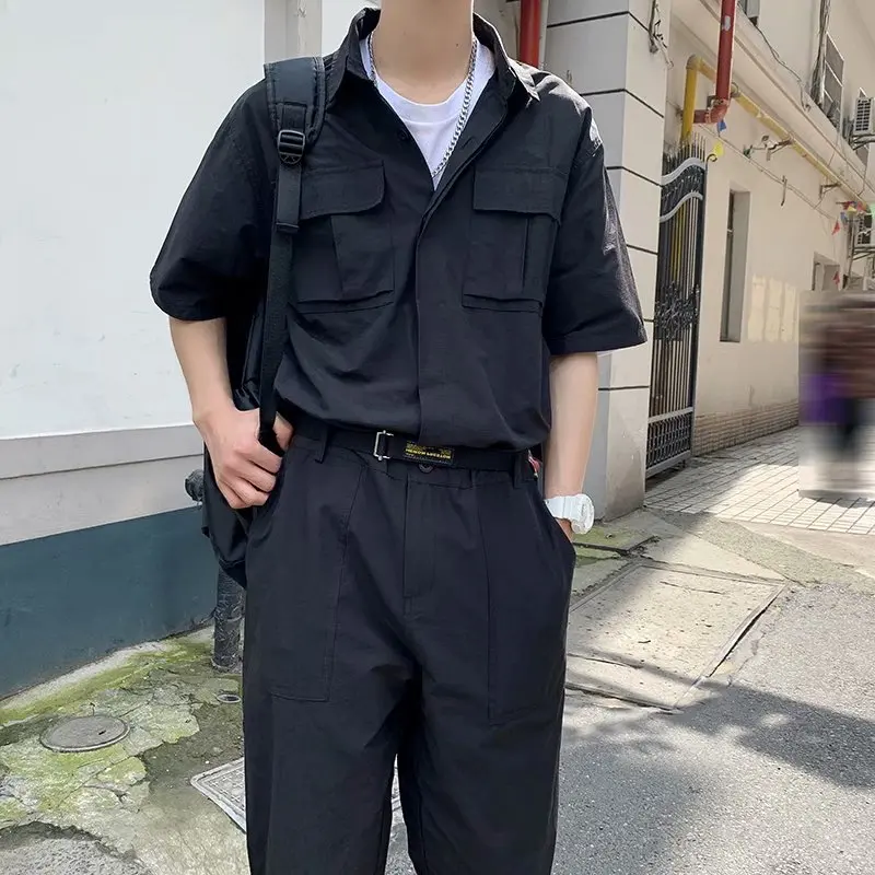 

Summer Trendy Loose ort Sve Overalls Set for Men Casual Harajuku Sle Nine Points Pants ket Decoration No Ironing Ne...