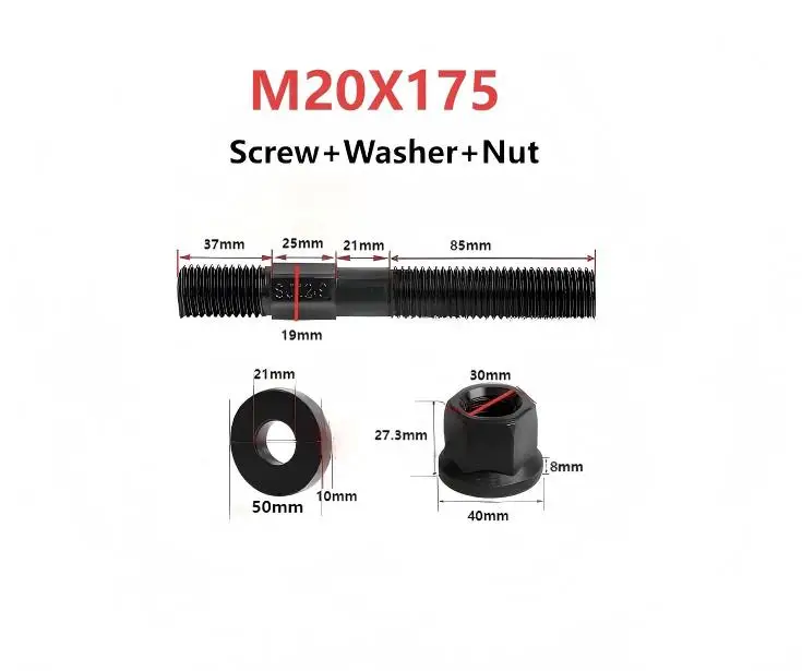 Pressing plate screw,Stud bolt,Middle hexagonal screw+washer+nut 1 set,M20,12.9 Grade,carbon steel,Double-ended bolt