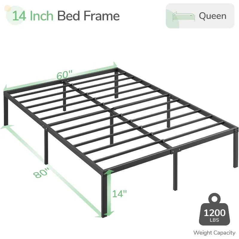 Queen Bed Frame, 14 Inch Metal Platform Frame Size No Box Spring Needed, Heavy Duty Steel Slat Support, Easy Assembly