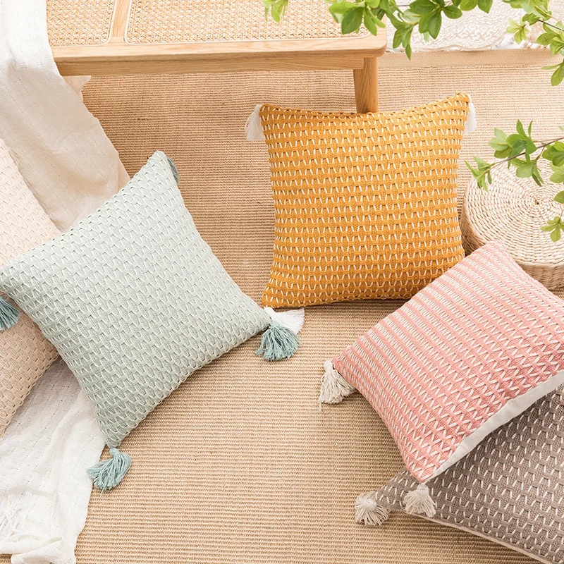 Modern Square Woven Cushion Cover with Tassels - Boho Chic Pillow Case for Sofa, Bed, Living Room Decor, Neutral Home Accents