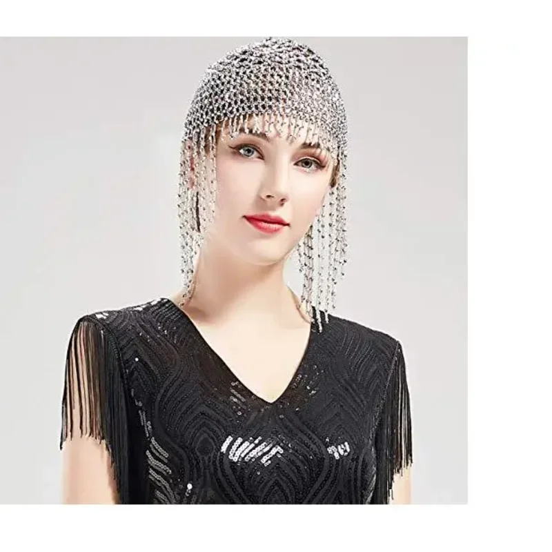 

2025 индийская кепка для танца живота, шляпа с кисточками и бисером, женский парик космического воина, серебристый короткий чехол для выступлений на сцене