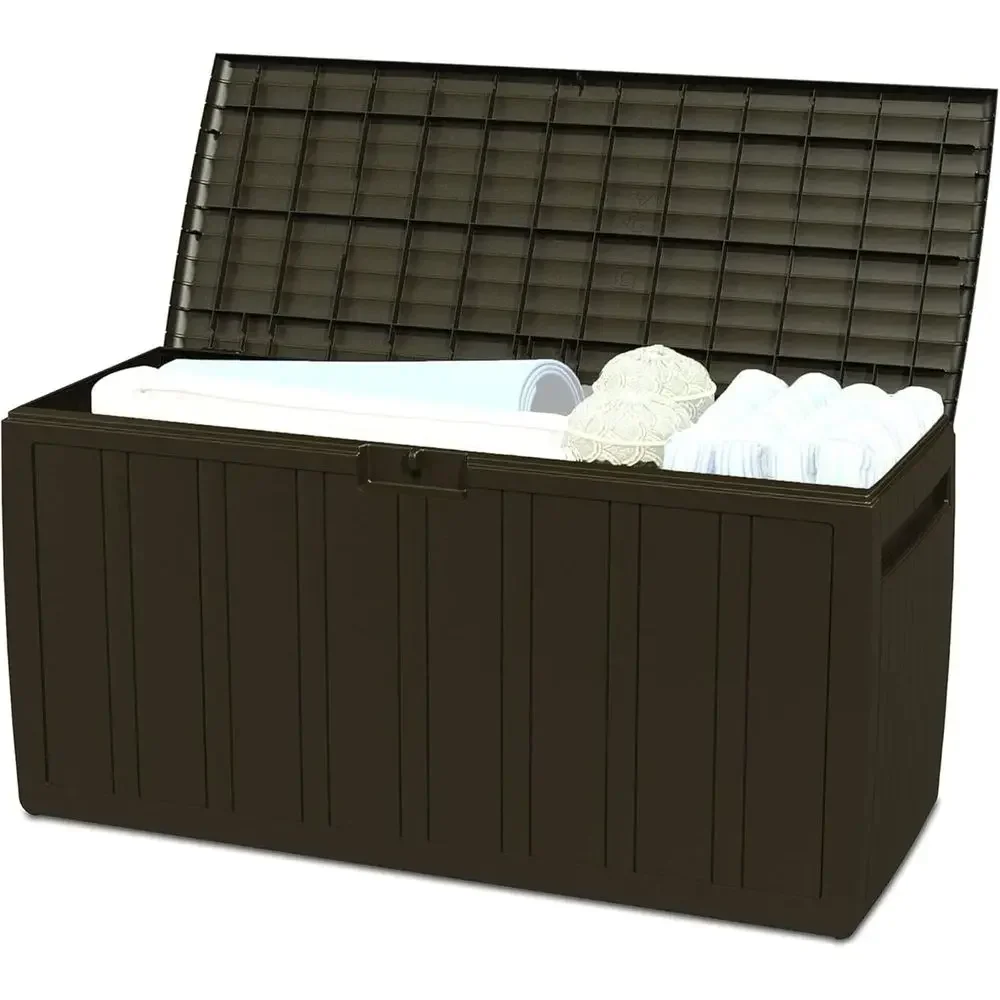 71 Gallon Brown Outdoor Storage Bin for Deck Boxes, Patio Furniture, Cushions, Tools, and Pool Accessories