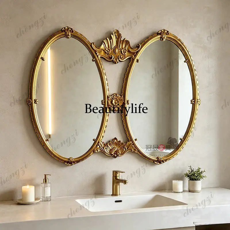 European retro oval bathroom mirror wall hanging living room wall combination decorative mirror French bedroom makeup mirror
