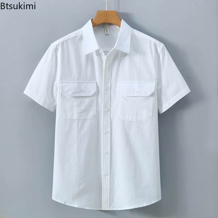 2025 Men's Summer Cotton Short Sleeve T-Shirt Solid Color Two Pockets Business Office Casual Loose Breathable Shirts Youth Top