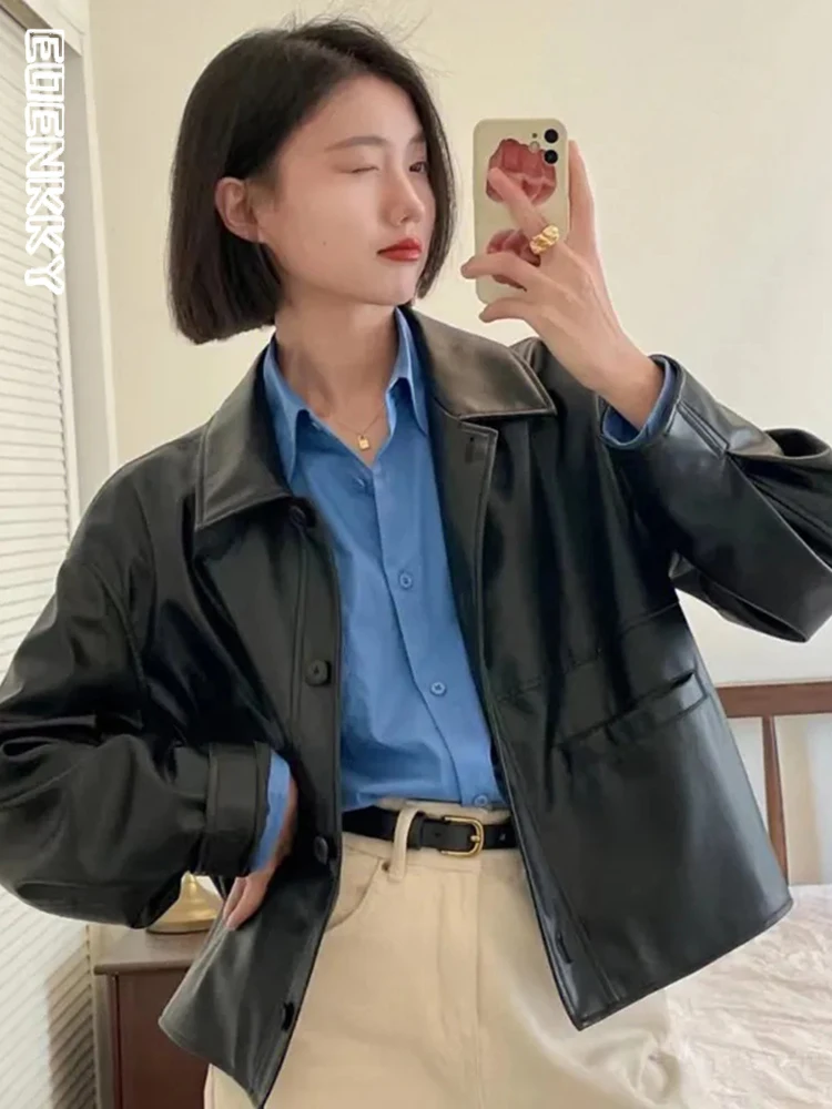 

Куртка женская из искусственной кожи, уличная одежда в Корейском стиле, повседневная укороченная винтажная черная мотоциклетная верхняя одежда, Y2K, осень