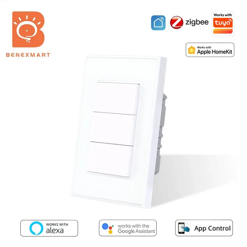 

Benexmart Zigbee 1 2 3 Gangs Push Button Wall Light Switch with Neutral Interruptor US AU Work with TUYA Alexa Google Home